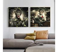 Rumlly Dipinti Moderni Animali Poster e Stampe Graffiti Arte Tela Scimmia Che Beve Vino Rosso Al Bar Immagini Per La Decorazione Della Stanza 80x80cmx2 Senza Cornice