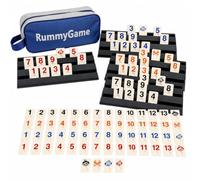 Rummy - Set di gioco da viaggio, mini Rummy con 112 mattoncini e 4 supporti, gioco da viaggio con numeri, gioco da tavolo portatile, strategia per 2-4 giocatori, interessante set di gioco per adulti e