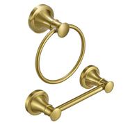 RUMOSE Porta carta igienica e anello per asciugamani da parete, in oro spazzolato, accessori per il bagno, set da 2 pezzi, flessibile, girevole, porta rotolo di carta igienica e gancio per asciugamani