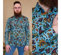 Run and Fly Blu Paisley Stampa Camicia Manica Lunga Mod Rétro 60s 70s Colorato