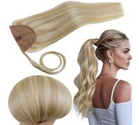 RUNATURE Coda Capelli Extension Biondi 22 Pollici/55cm Coda di Cavallo dei Veri Capelli Clip in Extensiones Biondo Cenere Highlight Bionda Remy Human Hair 80g #18P613