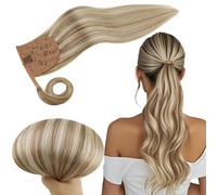 RUNATURE Coda Capelli Extension Naturali Umani 16 Pollice/40cm Ponytail Extension Capelli Lisci Cenere Marrone Evidenziato Biondo Platino #8P60 Remy Ponytail Clip Capelli Coda Lisci 80g