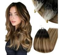 RUNATURE Extension Microring Capelli Veri Nero Balayage 60 cm #1B/6/27 | Extension Capelli Microring Nero Balayage Marrone Ombre Bionda 50 Ciocche 50g