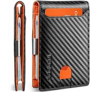 RUNBOX Portafoglio sottile da uomo con fermasoldi e blocco RFID, tasca frontale bifold minimalista, porta carte di credito, da uomo, con confezione regalo, nero e arancione, M, minimalista