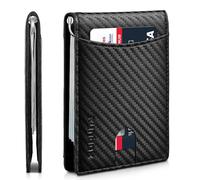 RUNBOX Portafoglio sottile da uomo, in vera pelle, con blocco RFID, pieghevole, con tasca frontale minimalista, con fermasoldi, confezione regalo sottile, nero carbonio, 11 scomparti, classico
