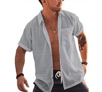 Runcati Camicia da uomo a maniche corte, in cotone e lino, con colletto rovesciato, per il tempo libero, grigio., M