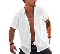 Runcati Camicia da uomo a maniche corte, in cotone e lino, con colletto rovesciato, per il tempo libero, bianco, XXL