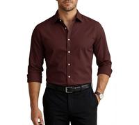 Runcati Camicia da uomo a maniche lunghe, elasticizzata, da uomo, in tinta unita, slim fit, per il tempo libero, facile da stirare, rosso vivo, M