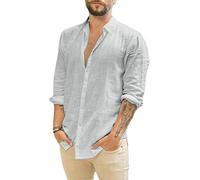 Runcati Camicia da Uomo a Maniche Lunghe, in Lino, con Colletto rovesciato, per Il Tempo Libero
