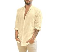 Runcati Camicia da Uomo a Maniche Lunghe, in Lino, con Colletto rovesciato, per Il Tempo Libero