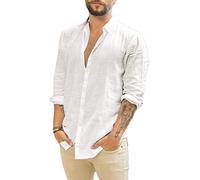 Runcati Camicia da Uomo a Maniche Lunghe, in Lino, con Colletto rovesciato, per Il Tempo Libero
