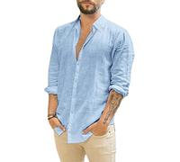 Runcati Camicia da uomo a maniche lunghe, in lino, con colletto rovesciato, per il tempo libero, Blu, S