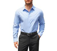 Runcati Camicia da uomo a maniche lunghe, vestibilità normale, da lavoro, da uomo, in tinta unita, in cotone, per il tempo libero, senza stiratura, formale Button, Azzurro, L
