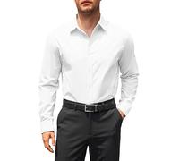 Runcati Camicia da uomo a maniche lunghe, vestibilità normale, da lavoro, da uomo, tinta unita, in cotone, per il tempo libero, formale Button Down, bianco, L