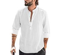 Runcati Camicia da uomo in cotone e lino, a maniche lunghe, con colletto alto, da spiaggia, elegante, bianco, L