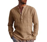 Runcati - Camicia da uomo in lino a maniche lunghe, camicia casual da uomo in lino e cotone, vestibilità regolare, camicia estiva da spiaggia, Marrone, XL