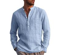 Runcati Camicia da Uomo in Lino a Maniche Lunghe, in Cotone e Lino, Uomo, per il Tempo Libero, Vestibilità Normale, Camicia da Spiaggia Estiva, Azzurro, XXL
