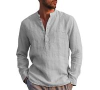 Runcati Camicia da Uomo in Lino a Maniche Lunghe, in Cotone e Lino, Uomo, per il Tempo Libero, Vestibilità Normale, Camicia da Spiaggia Estiva, grigio., XXL
