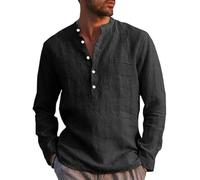 Runcati Camicia da Uomo in Lino a Maniche Lunghe, in Cotone e Lino, Uomo, per il Tempo Libero, Vestibilità Normale, Camicia da Spiaggia Estiva, Nero , S