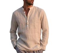 Runcati Camicia da Uomo in Lino a Maniche Lunghe, in Cotone e Lino, Uomo, per il Tempo Libero, Vestibilità Normale, Camicia da Spiaggia Estiva, Kaki, L