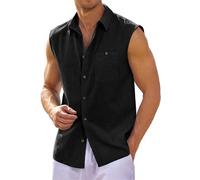 Runcati Camicia da uomo in lino, senza maniche, colletto ripiegato, camicia estiva, camicia per il tempo libero, canotta basica con tasca, Nero , XXL