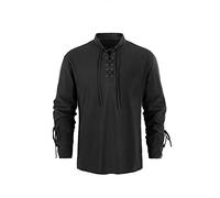 Runcati Camicia da uomo medievale steampunk pirata costume vichingo con lacci vittoriano rinascimentale colletto alto cosplay top, Nero , L