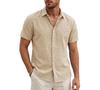 Runcati Camicia estiva leggera da uomo, a maniche corte, in lino, vestibilità dritta, per matrimonio, lavoro, spiaggia, casual, tinta unita, beige, XL
