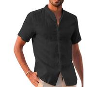 Runcati Camicia in lino, da uomo, a maniche corte, per il tempo libero, vestibilità normale, da spiaggia, tinta unita, casual, Nero , L