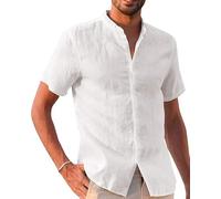 Runcati Camicia in lino, da uomo, a maniche corte, per il tempo libero, vestibilità normale, da spiaggia, tinta unita, casual, bianco, XXXL