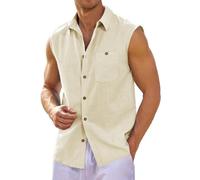 Runcati Camicia in lino, da uomo, senza maniche, con colletto rovesciato, da spiaggia, estiva, per il tempo libero, con tasca, beige., XL