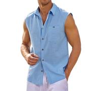 Runcati Camicia in lino, da uomo, senza maniche, con colletto rovesciato, da spiaggia, estiva, per il tempo libero, con tasca, azzurro, M