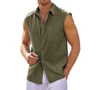 Runcati Camicia in lino, da uomo, senza maniche, con colletto rovesciato, da spiaggia, estiva, per il tempo libero, con tasca, verde, L