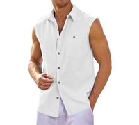 Runcati Camicia in lino, da uomo, senza maniche, con colletto rovesciato, da spiaggia, estiva, per il tempo libero, con tasca, bianco, L