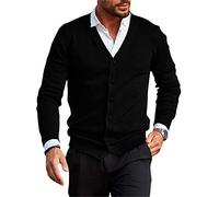 Runcati Giacca da uomo a maniche lunghe, senza colletto, con scollo a V, cardigan in maglia, camicia, leggera, giacca per la transizione, Nero , XXL