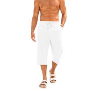Runcati Pantaloni corti da uomo in cotone e lino, bermuda 3/4, lunghezza pantaloni estivi, yoga, jogging, casual, per il tempo libero, con tasche, bianco, XL