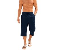 Runcati Pantaloni corti da uomo in cotone e lino, bermuda 3/4, lunghezza pantaloni estivi, yoga, jogging, casual, per il tempo libero, con tasche, Blu scuro, M