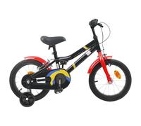 Runheo Bicicletta per bambini da 16 pollici, colore nero e rosso, con telaio in acciaio e parafango, per bambini di 4-6 anni, leggera due ruote con freno, campanello, cavalletto, ideale per città