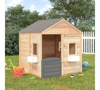 Runheo Casetta da giardino per bambini, in legno di abete, con porta richiudibile e finestre aperte, 2 vasi, per giardino, terrazza e cortile, 125 x 120 x 132 cm, grigio scuro, da 3 a 12 anni