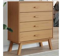 Runheo Cassettiera OLDEN marrone in legno di pino massiccio con 4 cassetti, 76,5 x 39 x 90 cm, credenza per corridoio, soggiorno, camera da letto e ufficio, con spazio e ripiano