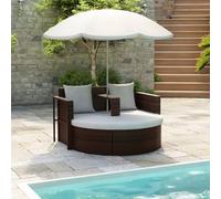 Runheo Lettino da giardino in polyrattan marrone, con ombrellone e imbottitura, resistente alle intemperie, impermeabile, regolabile, con cuscino, doppio lettino per esterni, per terrazza, balcone