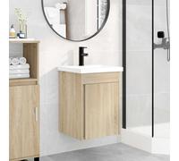 Runheo Mobile sottolavabo da bagno con lavabo in ceramica e miscelatore nero in rovere Sonoma, montaggio a parete, salvaspazio, con spazio e scarico push per WC degli ospiti