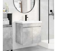 Runheo Mobile sottolavabo da bagno grigio cemento con lavabo in ceramica e miscelatore da bagno nero, 61 x 40 x 74,5 cm, montaggio a parete, vano portaoggetti con ante oscillanti