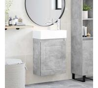 Runheo Mobile sottolavabo da bagno grigio cemento con rubinetto miscelatore integrato, lavabo in ceramica, armadietto portaoggetti, porta reversibile, montaggio a parete, salvaspazio, WC e bagno