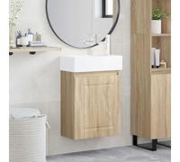 Runheo Mobile sottolavabo da bagno in rovere Sonoma con lavabo in ceramica e rubinetto miscelatore, armadio con anta reversibile, salvaspazio per WC e bagno degli ospiti