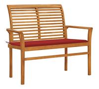 Runheo Panca da giardino in legno di teak massiccio, 112 cm, con cuscino rosso, resistente alle intemperie, per terrazza, balcone e giardino, mobili per esterni con schienale e braccioli, per un luogo
