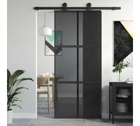 Runheo Porta scorrevole nera, 90 x 205 cm, in vetro temperato e alluminio, con linea verticale, robusta porta d'appartamento con vetro temperato, telaio moderno, privacy e protezione antifurto, per
