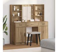 Runheo Set da toeletta con illuminazione a LED e specchio acrilico, rovere Artisan, 3 pezzi, con cassetto, vano portaoggetti, sgabello per camera da letto, camera dei ragazzi, bagno e spogliatoio