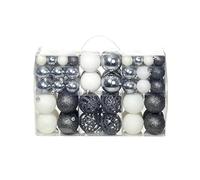 Runheo Set di 100 palline di Natale in plastica, colore bianco e grigio, 3, 4, 6 cm, con filo, decorazioni per albero di Natale, per l'Avvento e l'inverno