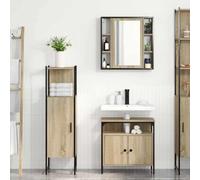 Runheo Set di mobili da bagno in legno con mensola, 3 pezzi, marrone, con armadietto a specchio e mobiletto sottolavabo, salvaspazio, con anta e spazio per riporre gli ospiti, WC e bagno