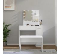 Runheo Set tavolo da toeletta bianco in legno con illuminazione a LED, specchio, sgabello e molto spazio, tavolo cosmetico per camera da letto, spogliatoio, trucco e styling